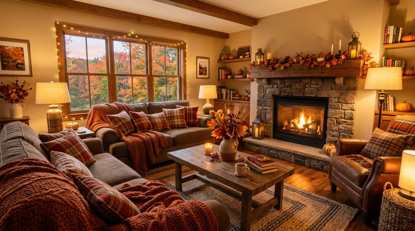 Warm indoor fall decor creating a cozy autumn home refresh.